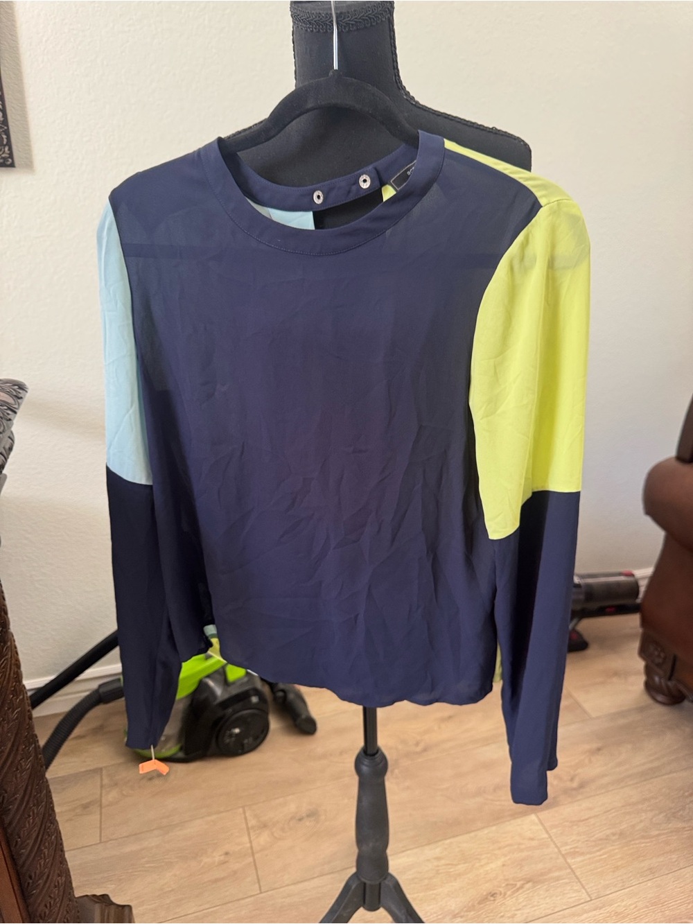 BCBGMaxAzria Navy Colorblock Long-Sleeve Shirt with Lime & Light Blue Panels